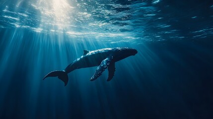 Obraz premium A vibrant azure ocean with sunbeams illuminating a majestic humpback whale swimming gracefully, captured in underwater photography that showcases serene marine beauty deep blue hues.