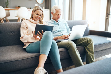 House, laptop or old couple with, finance planning or connection with real estate. Mature people, communication or man with woman, pc or internet with budget, savings and review taxes with tablet