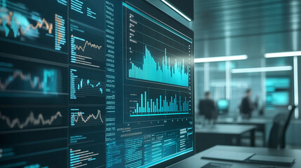 Sophisticated data analytics system displaying a predictive model for business growth, featuring forecast graphs and statistical projections. Office setting in background with people implementing data