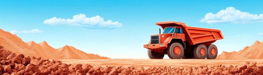 Heavy dump truck on a construction site with clear blue sky and orange landscape.