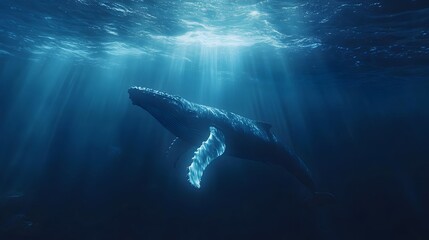 Fototapeta premium A vibrant azure ocean with sunbeams illuminating a majestic humpback whale swimming gracefully, captured in underwater photography that showcases serene marine beauty deep blue hues.