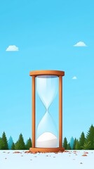 Hourglass symbolizing time passage against a clear sky and forest backdrop.