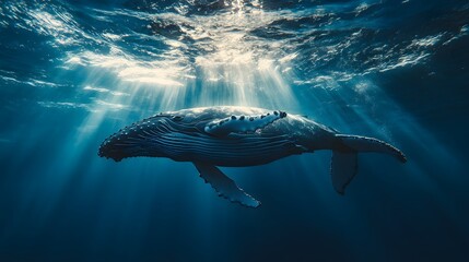 Fototapeta premium A vibrant azure ocean with sunbeams illuminating a majestic humpback whale swimming gracefully, captured in underwater photography that showcases serene marine beauty deep blue hues.