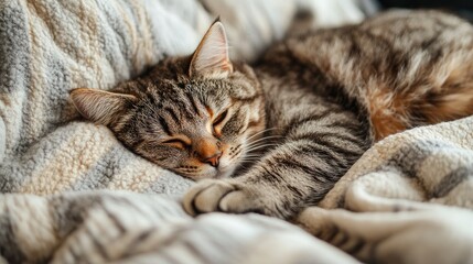 A sad, ill cat curled up on a cozy bed, looking tired and weak, portraying a sense of care and comfort for pets at home during sickness.