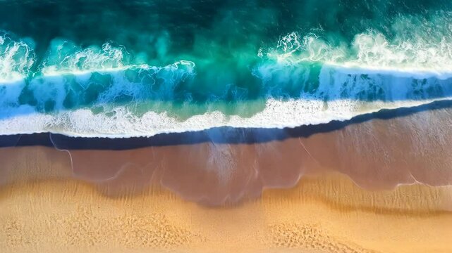 An aerial view of a sandy beach meeting the turquoise ocean on a sunny day