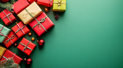 Christmas gift box with ribbon on green background top view with copy space