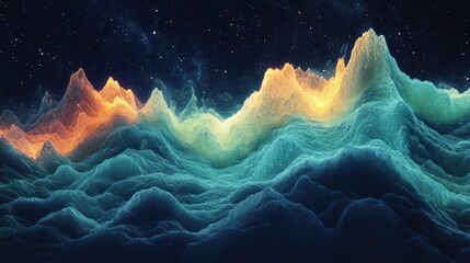 Abstract landscape with a starry night sky and colorful mountains.