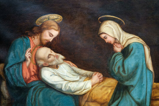 2024-08-08, Annecy, FRANCE. Painting (1895) of Death of Saint Joseph surrounded by Mary and Jesus. .