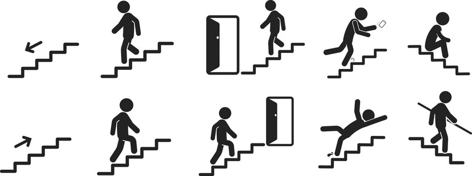 Bundle icon indoor safety stairs sign, arrow direction up and down, use handrail, injury hazard building label 