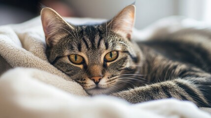 A sick cat lying in its bed, with sad, tired eyes, reflecting the care and tenderness provided at home when a beloved pet falls ill.