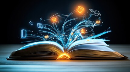 An open book with glowing words symbolizing knowledge and growth in education