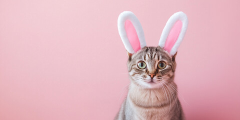 Fototapeta premium Sweet cat with plush cuddly pink rabbit ears on plain pink background. Domestic animal services promotion. Cool realistic ad. Sweet cat with plush cuddly pink rabbit ears on plain pink background.
