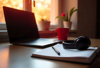a laptop and a cup of coffee are on a desk with a red mug and a red mug.