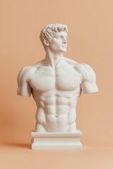 A white marble bust of a male figure on a beige background.