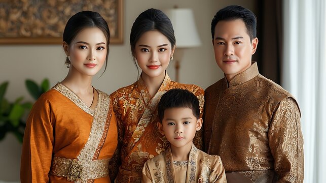 A joyful family portrait taken at a traditional Thai wedding, showcasing generational attire and cultural symbols. The background features decorative elements that reflect the richness of Thai 