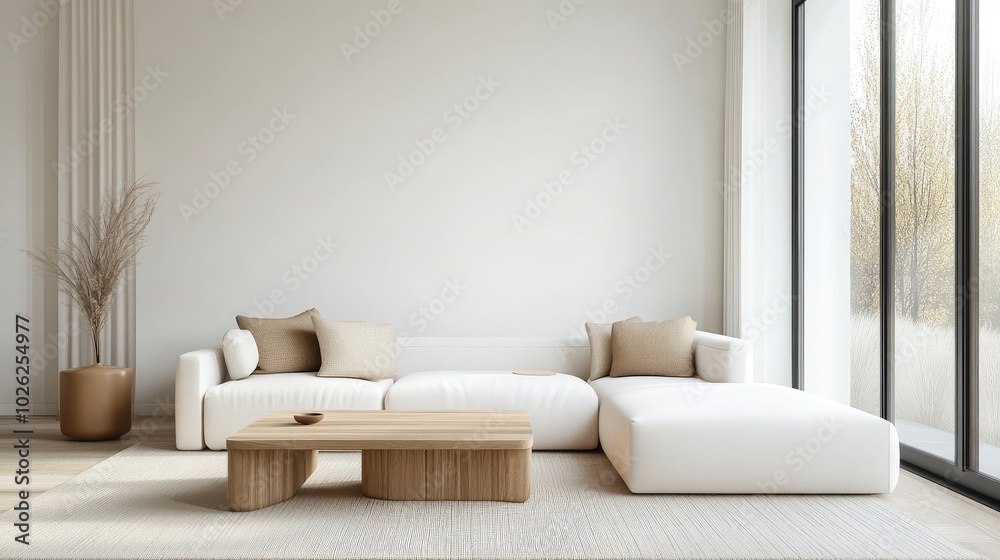 Sticker A simple, minimalist living room with a natural wood coffee table and a white corner sofa, offering a serene, modern aesthetic with clean