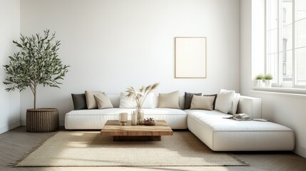 Naklejka premium A simple, minimalist living room with a natural wood coffee table and a white corner sofa, offering a serene, modern aesthetic with clean
