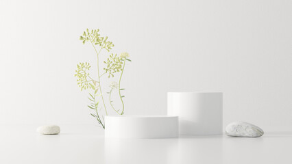 Obraz premium Background featuring an empty product display mockup with a white backdrop and abstract geometric platforms designed for showcasing merchandise in landscape orientation.