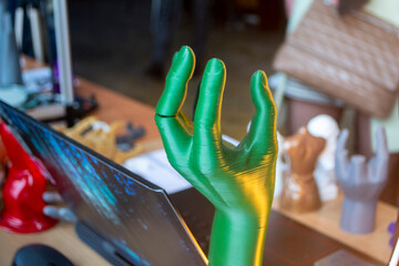 Three-dimensional object printed on 3D printer. Abstract interior model human hand with fingers created on 3d printer. Concept FDM 3D Printing technologies. Additive modern new progressive technology