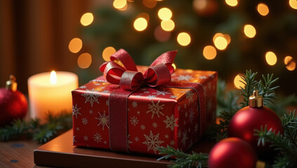 Festive Christmas Gift Wrapped With Red Ribbon Near Glowing Candles