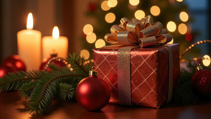 A Beautifully Wrapped Christmas Gift on a Festive Table With Candles