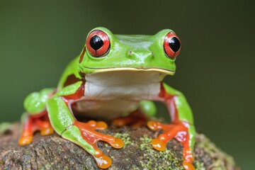 Fototapeta premium Colorful red-eyed tree frog perched on a branch, vivid details and natural setting.