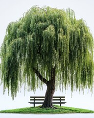 A large willow tree with long, drooping branches and detailed leaves, isolated on white background 