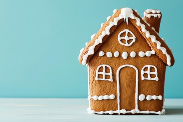 Gingerbread house on a light blue background, decorated with icing and candy.