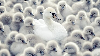 Obraz premium A striking swan amidst a sea of fluffy ducklings, symbolizing individuality and grace, while standing out in the crowd.