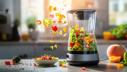 Fresh vegetables and fruits being blended in a modern kitchen blender with vibrant ingredients flying mid-air, creating a salad
