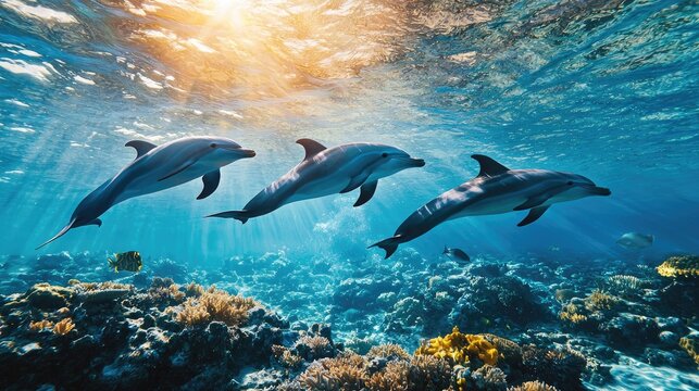 A pod of dolphins swimming in a calm, tropical sea with coral reefs visible below