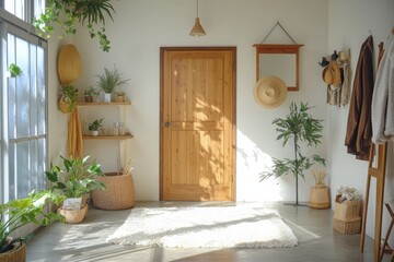 Elegant wooden door entryway with greenery accents in a cozy indoor setting