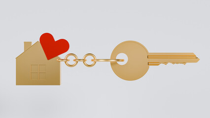 A golden key with a house-shaped keychain, adorned with a red heart. A classic symbol of home ownership, love and happiness. Perfect for use in real estate marketing materials, business cards.