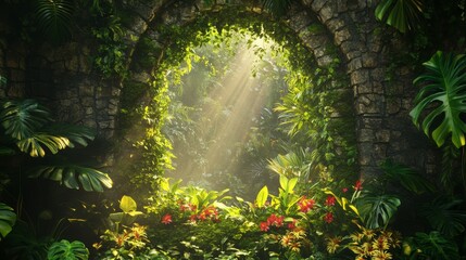 Fototapeta premium Stone Archway Leading Into a Sunlit Rainforest