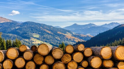 Logs stacked in the forest with mountains and blue sky in the background.
