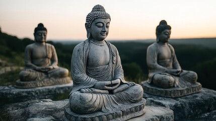 Obraz premium Three stone Buddha statues in meditation pose on a hillside at sunset, with two statues in the background slightly out of focus.