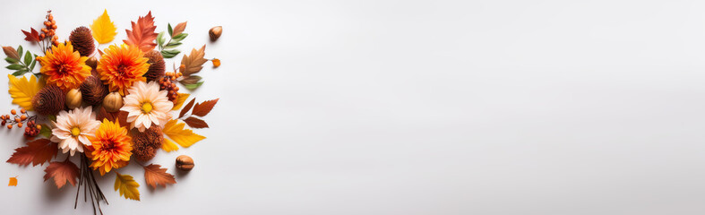 Fall flower bouquet with autumn decor decorations and flowers on white background horizontal banner.