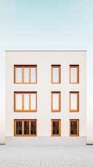 Modern minimalist building facade featuring wooden windows and a clear sky backdrop in daylight