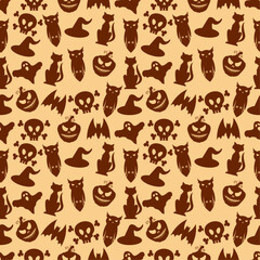 Seamless pattern with various illustrations on the Halloween theme on a beige background.  This pattern can be used for wrapping paper, fabric design, or any Halloween related decorations.