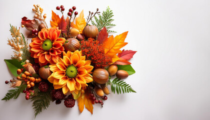 Fall flower bouquet with autumn decor decorations and flowers on white background banner.