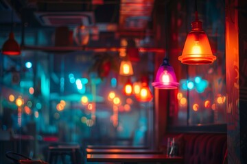 Vibrant urban caf&eacute; with colorful lighting