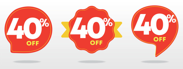 40% off. Special offer marketing, tag, sticker, ads, social media. Promo poster, percentage, value, price. Red, yellow sign. Shop, sales, retail, store. Set, vector, icon