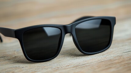 Stylish black sunglasses on a wooden surface with a natural background.