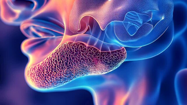 A detailed 3D medical illustration shows the location of the submandibular gland in the human mouth
