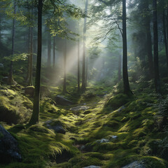 Obraz premium Captivating, misty morning in the forest, sunlight filtering through trees, high quality, photorealistic, serene, ethereal, scenic, panoramic, breathtaking