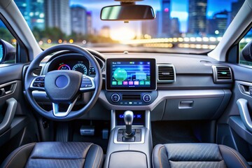 A car dashboard with a large screen and a steering wheel