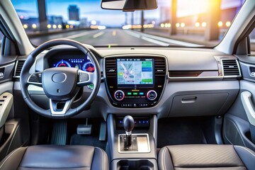 A car dashboard with a large screen and a steering wheel