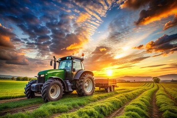Fototapeta premium A green tractor is driving down a dirt road in a field