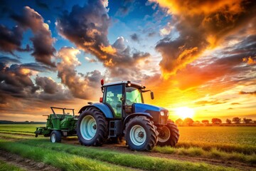 Fototapeta premium A green tractor is driving down a dirt road in a field