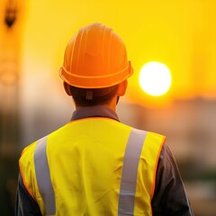 Worker in safety gear looking at sunset, warm tones, construction site.